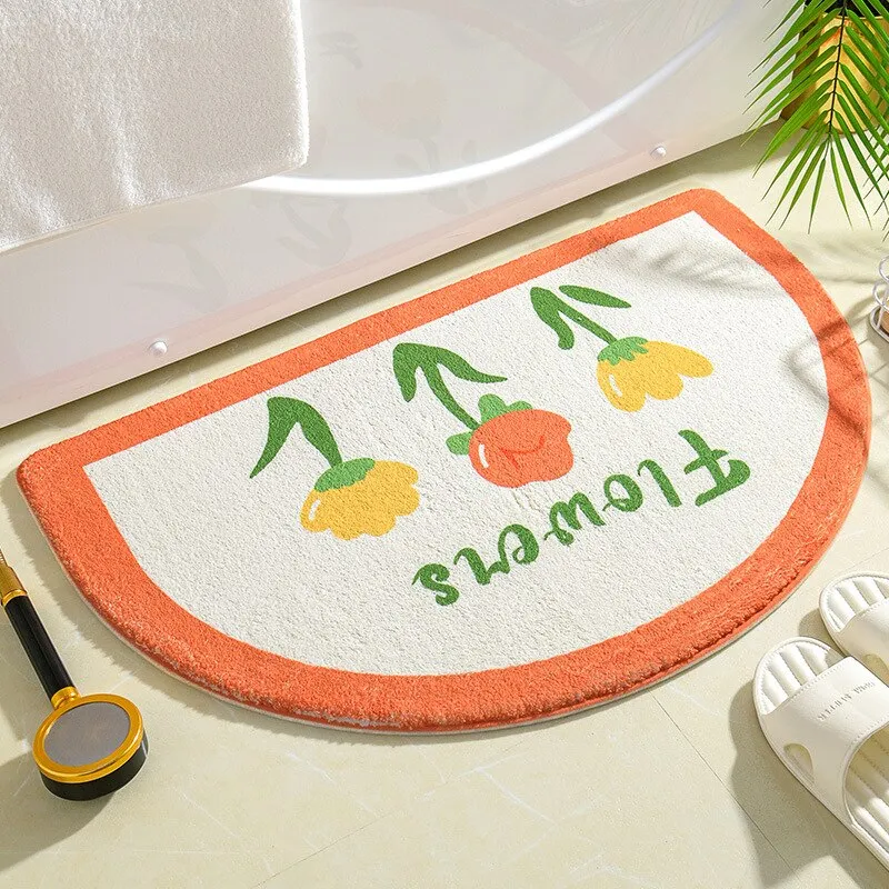 Blossoming Serenity: Soft Half Oval Floral Fruits Bathroom Mat