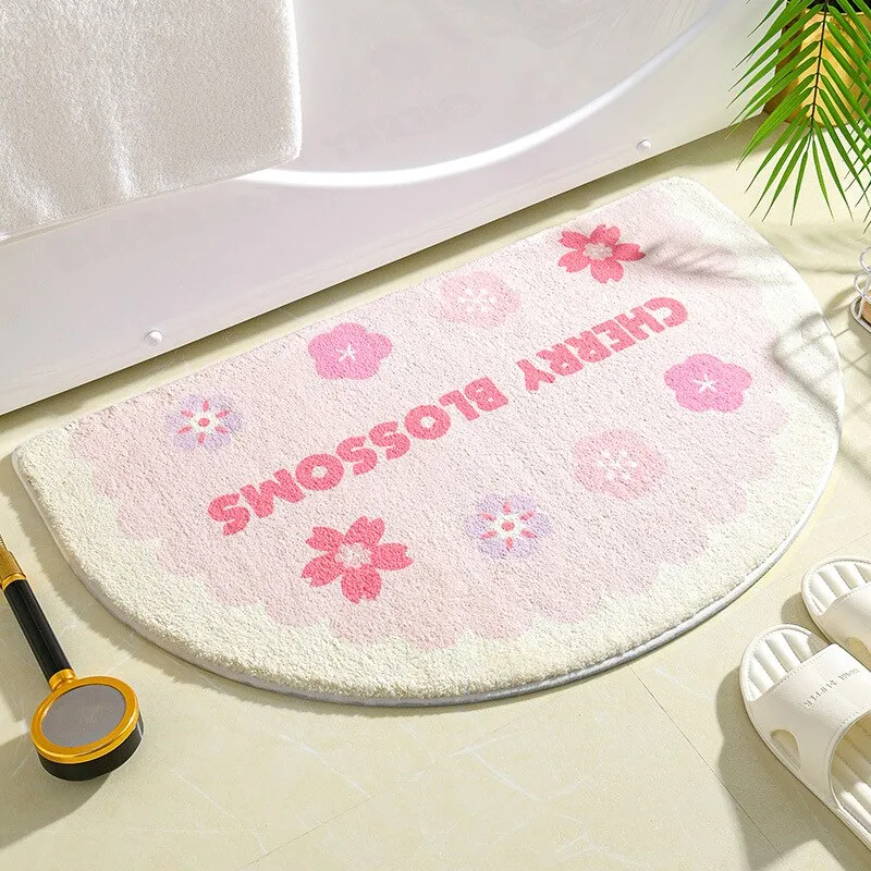 Blossoming Serenity: Soft Half Oval Floral Fruits Bathroom Mat