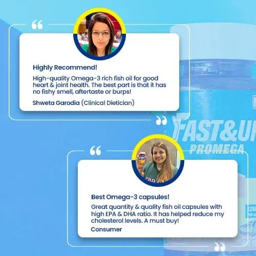 Fast&Up Promega with Double Strength 1250 mg Omega-3 Rich Fish Oil (60 Capsules) | High 375 mg EPA & 250 mg DHA ratio (3:2) For Heart, Eyes, Joints & Brain Health | No Fishy Aftertaste, Smell or Burps