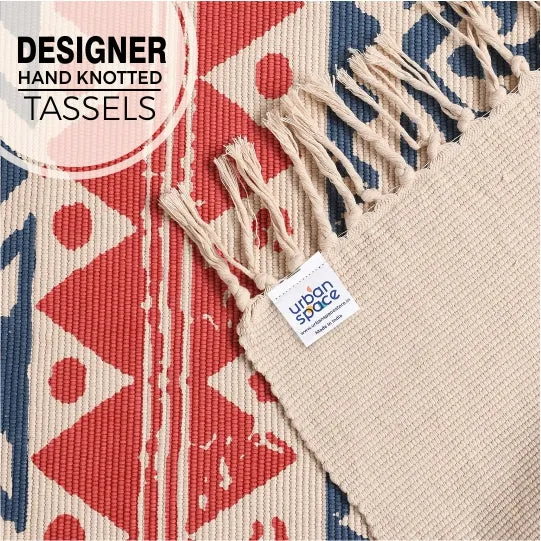 Natural Cotton Printed Rugs / Dhurries / Floor Carpet ,Boho Carpet for bedroom / living room with tassels  (CPRugs_009)