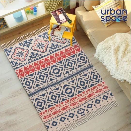 Natural Cotton Printed Rugs / Dhurries / Floor Carpet ,Boho Carpet for bedroom / living room with tassels  (CPRugs_009)