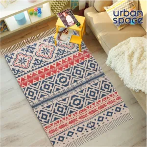 Natural Cotton Printed Rugs / Dhurries / Floor Carpet ,Boho Carpet for bedroom / living room with tassels  (CPRugs_009)