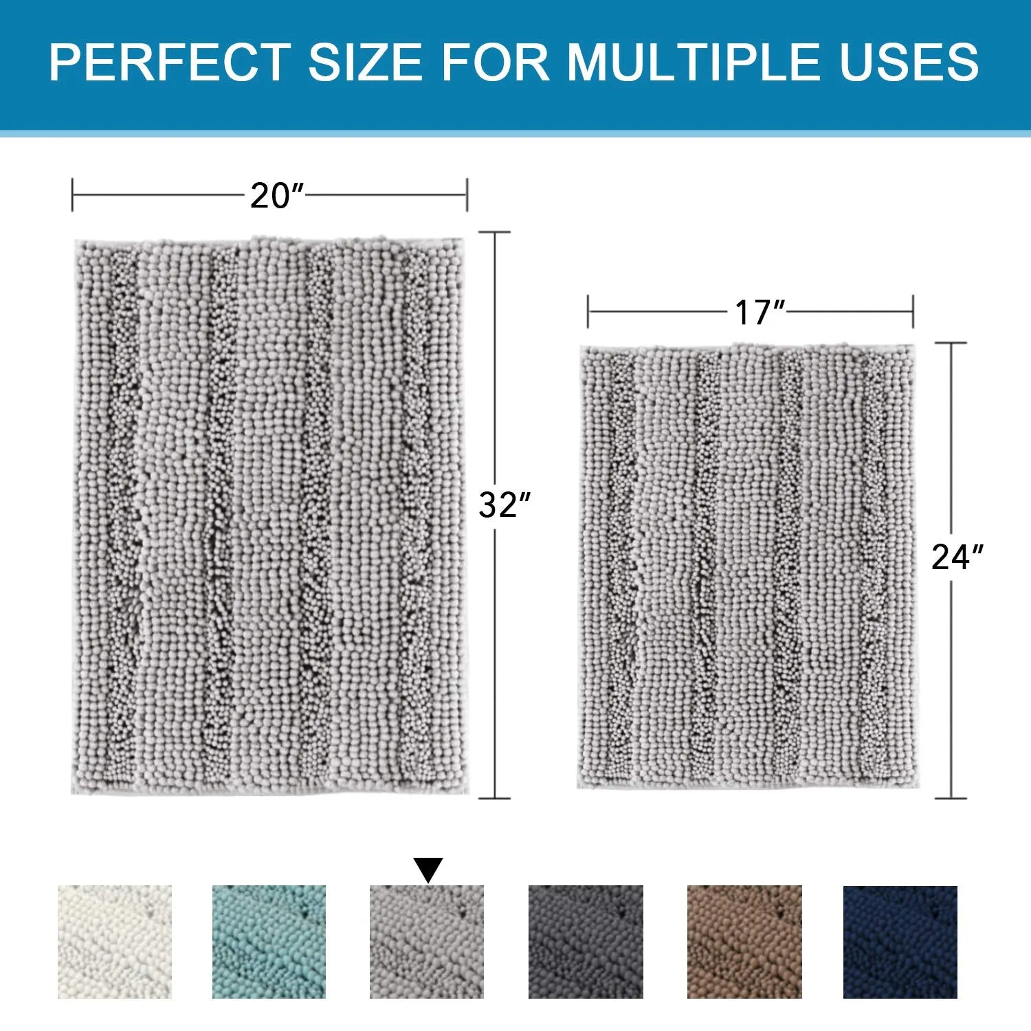 Popeven Non Slip Thick Shaggy Chenille Bathroom Rugs Soft Bath Mats for Bathroom Extra Absorbent Floor Mats Bath Rugs Set for Kitchen /Living Room,Set of 2, 20" x 32"/17" x 24", Dove