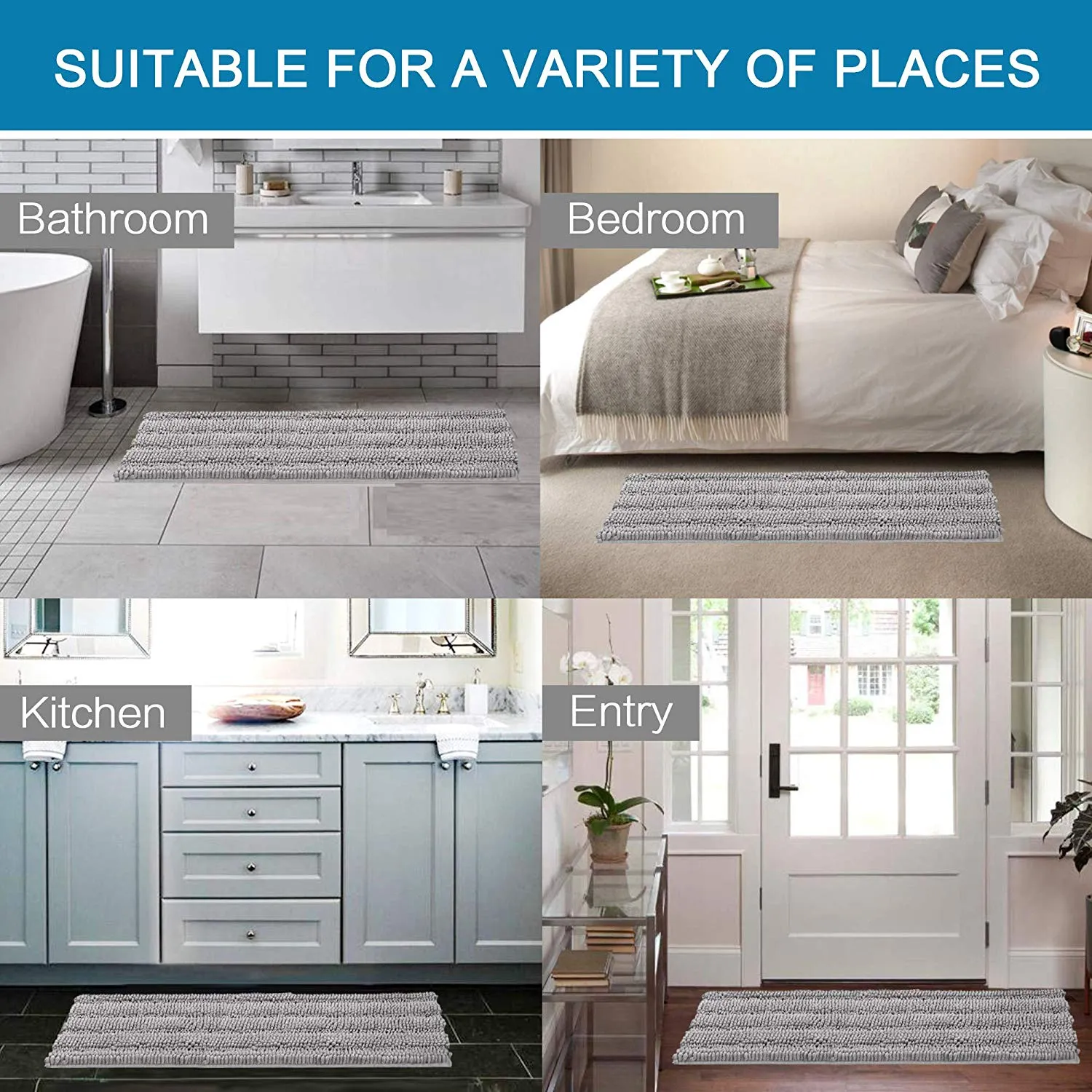 Popeven Non Slip Thick Shaggy Chenille Bathroom Rugs Soft Bath Mats for Bathroom Extra Absorbent Floor Mats Bath Rugs Set for Kitchen /Living Room,Set of 2, 20" x 32"/17" x 24", Dove