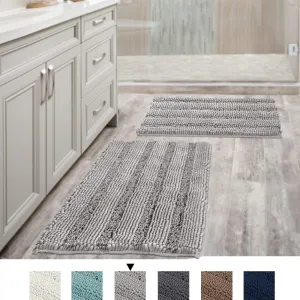 Popeven Non Slip Thick Shaggy Chenille Bathroom Rugs Soft Bath Mats for Bathroom Extra Absorbent Floor Mats Bath Rugs Set for Kitchen /Living Room,Set of 2, 20" x 32"/17" x 24", Dove
