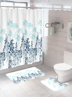 SAVYA HOME Shower Curtain(180*180cm) Bathroom Mat(45*75cm) & U Shaped Mat(45*38cm) | 3Pcs Bathroom Accessories Set | Anti Skid Mat For Bathroom Floor | Water-Poof Polyester Material- Blue Flowers