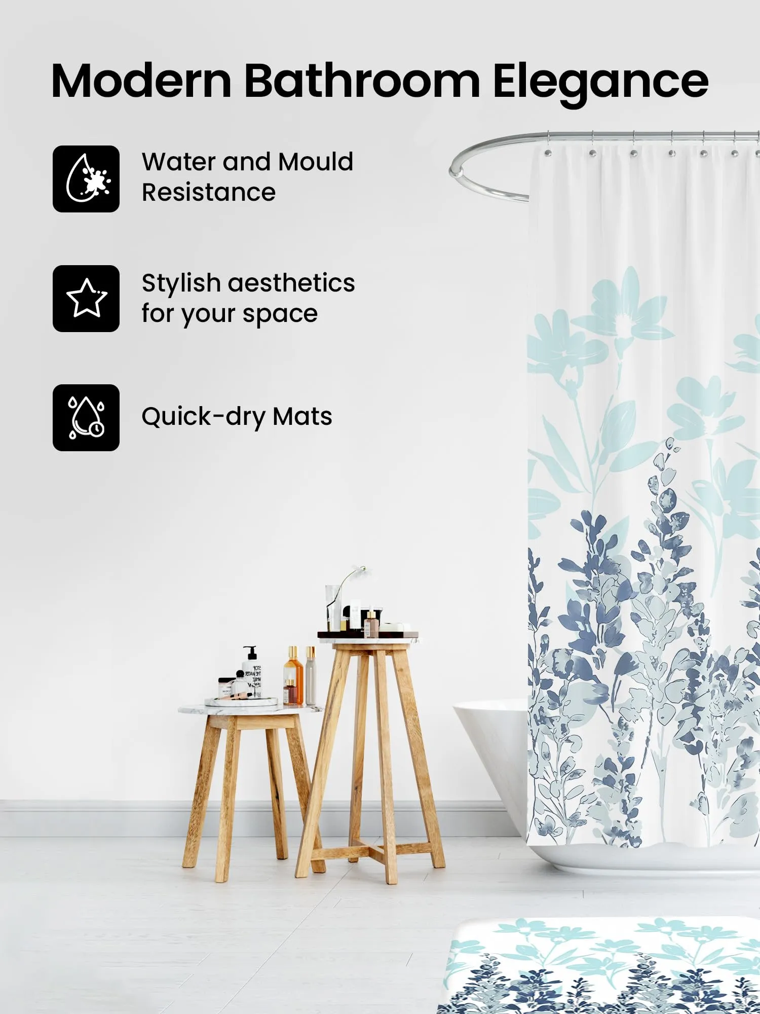SAVYA HOME Shower Curtain(180*180cm) Bathroom Mat(45*75cm) & U Shaped Mat(45*38cm) | 3Pcs Bathroom Accessories Set | Anti Skid Mat For Bathroom Floor | Water-Poof Polyester Material- Blue Flowers