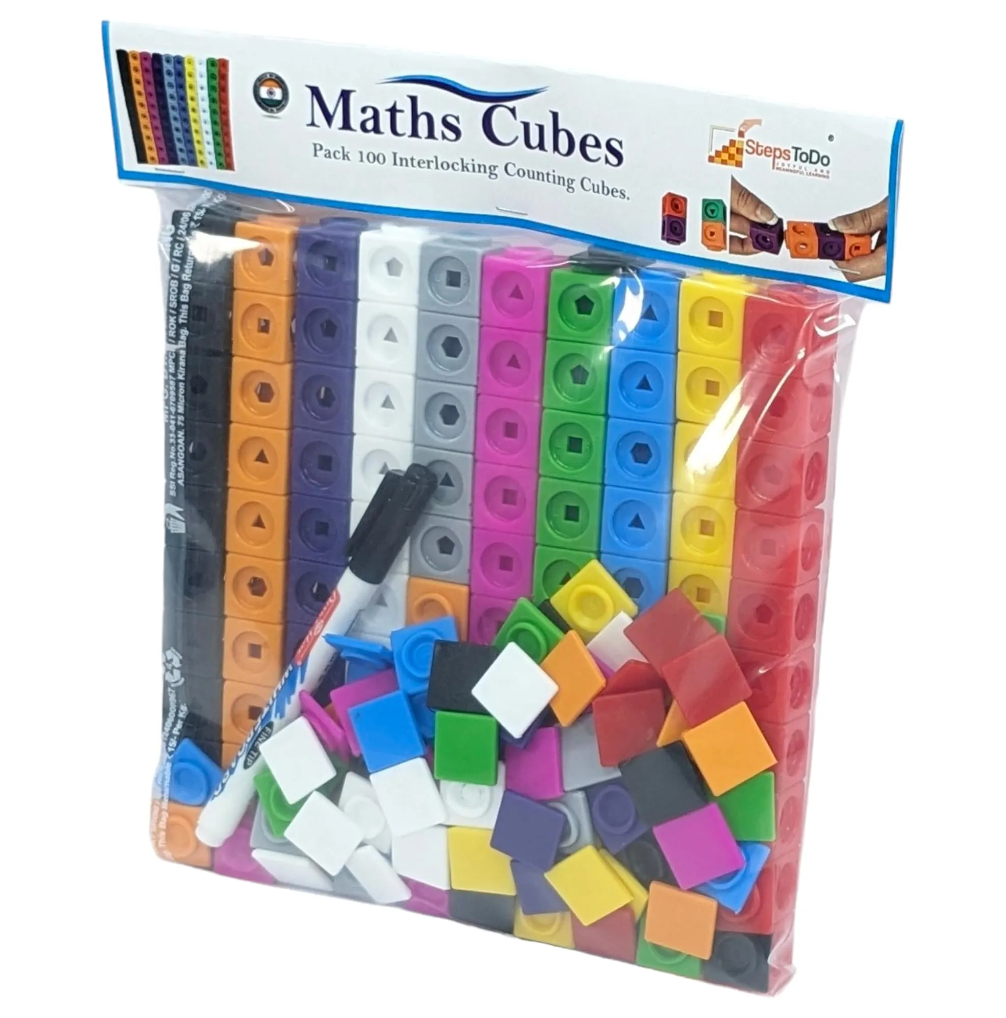 StepsToDo Math Cubes & Face Plates (Pack of 100). Foundation Kit. with Activity Guide & Pen. Number Building Block. Counting Interlinking Cubes. Creative Fun and Learn for 3  Years