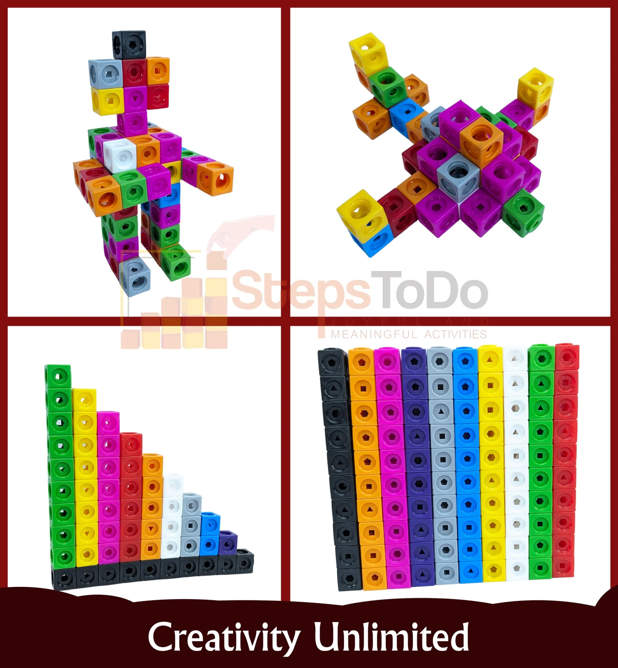 StepsToDo Math Cubes & Face Plates (Pack of 100). Foundation Kit. with Activity Guide & Pen. Number Building Block. Counting Interlinking Cubes. Creative Fun and Learn for 3  Years