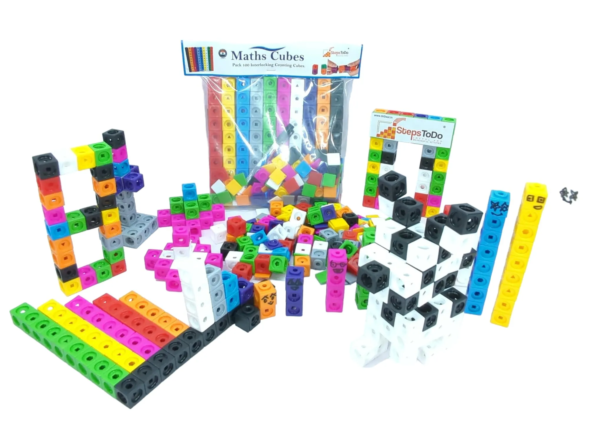StepsToDo Math Cubes & Face Plates (Pack of 100). Foundation Kit. with Activity Guide & Pen. Number Building Block. Counting Interlinking Cubes. Creative Fun and Learn for 3  Years