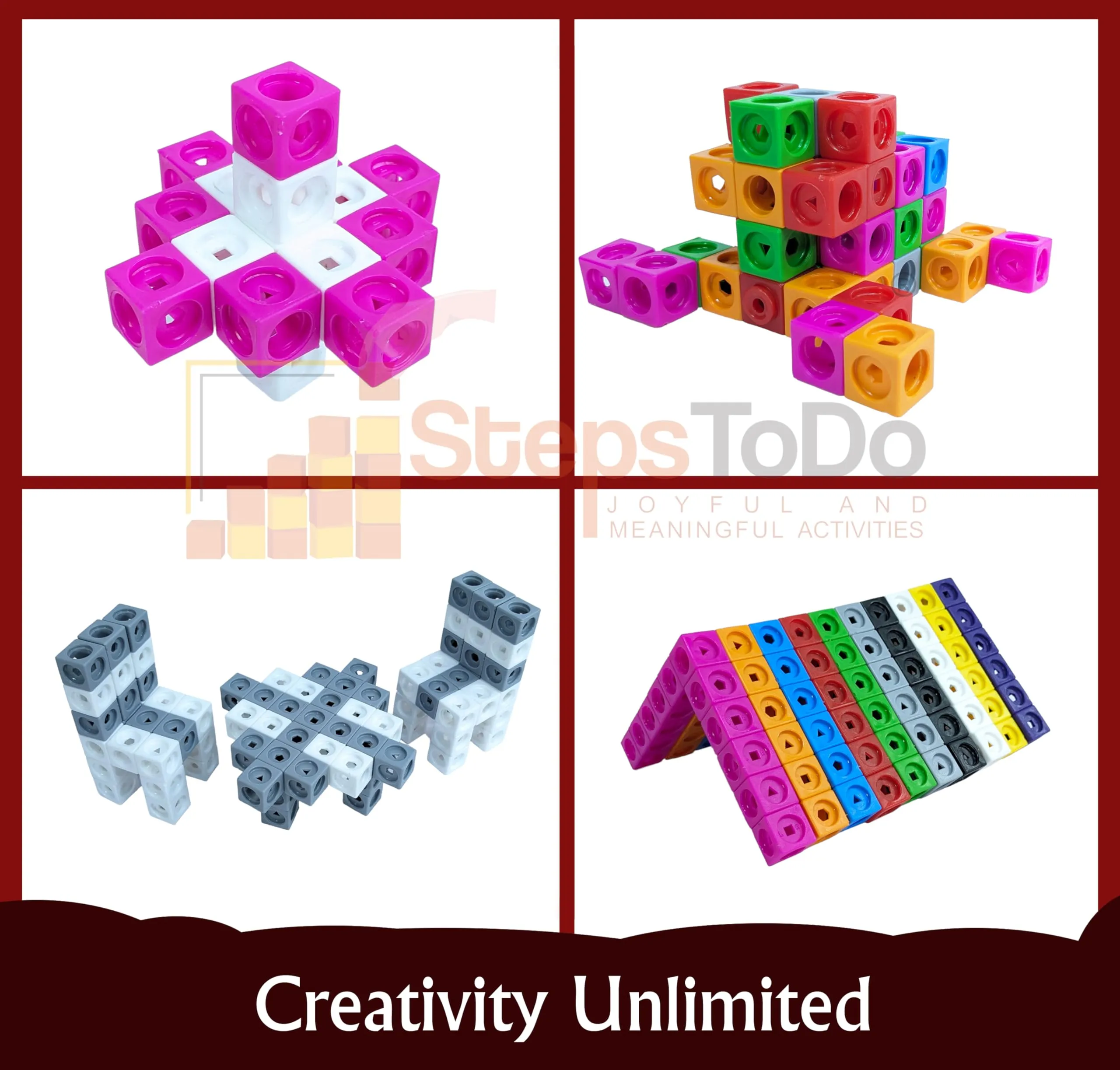 StepsToDo Math Cubes & Face Plates (Pack of 100). Foundation Kit. with Activity Guide & Pen. Number Building Block. Counting Interlinking Cubes. Creative Fun and Learn for 3  Years