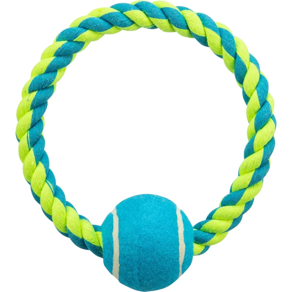 Trixie Rope Ring with Tennis Ball Toy for Dogs (Blue/Green) | For Medium Chewers