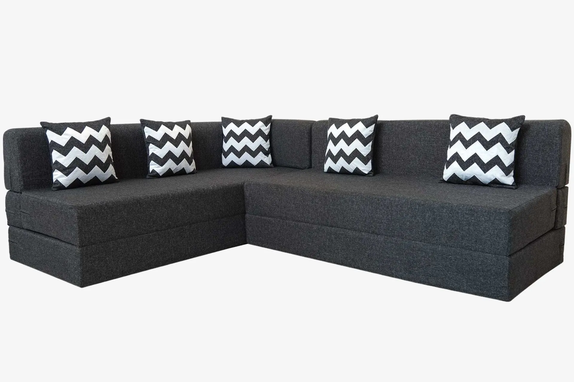 Uberlyfe L Shaped Sofa Bed, Dark Grey | 5 Seater | 5 ZigZag Cushion