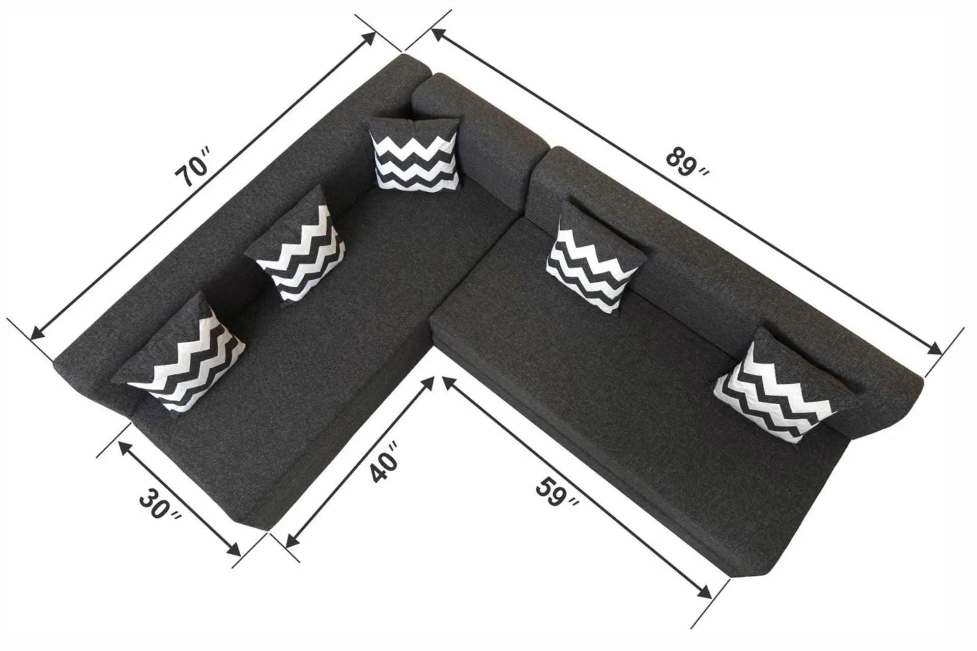 Uberlyfe L Shaped Sofa Bed, Dark Grey | 5 Seater | 5 ZigZag Cushion