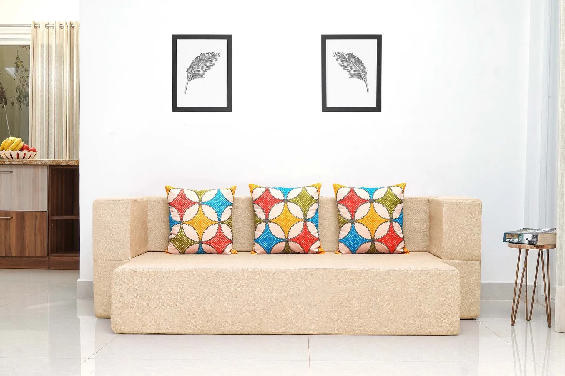 Uberlyfe New Age Folding Sofa Bed, Beige | 3 Seater | 3 Cushions- Jharoka Pattern
