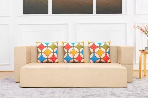 Uberlyfe New Age Folding Sofa Bed, Beige | 3 Seater | 3 Cushions- Jharoka Pattern