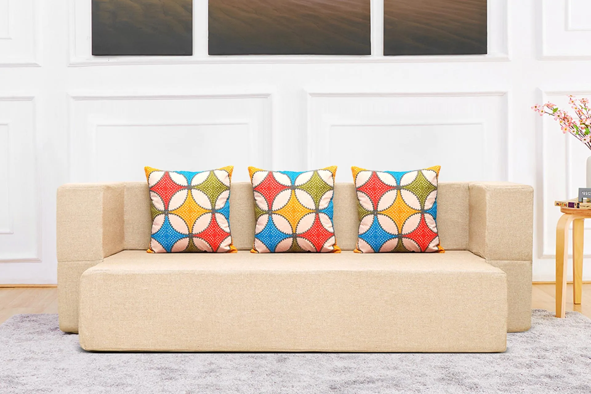 Uberlyfe New Age Folding Sofa Bed, Beige | 3 Seater | 3 Cushions- Jharoka Pattern