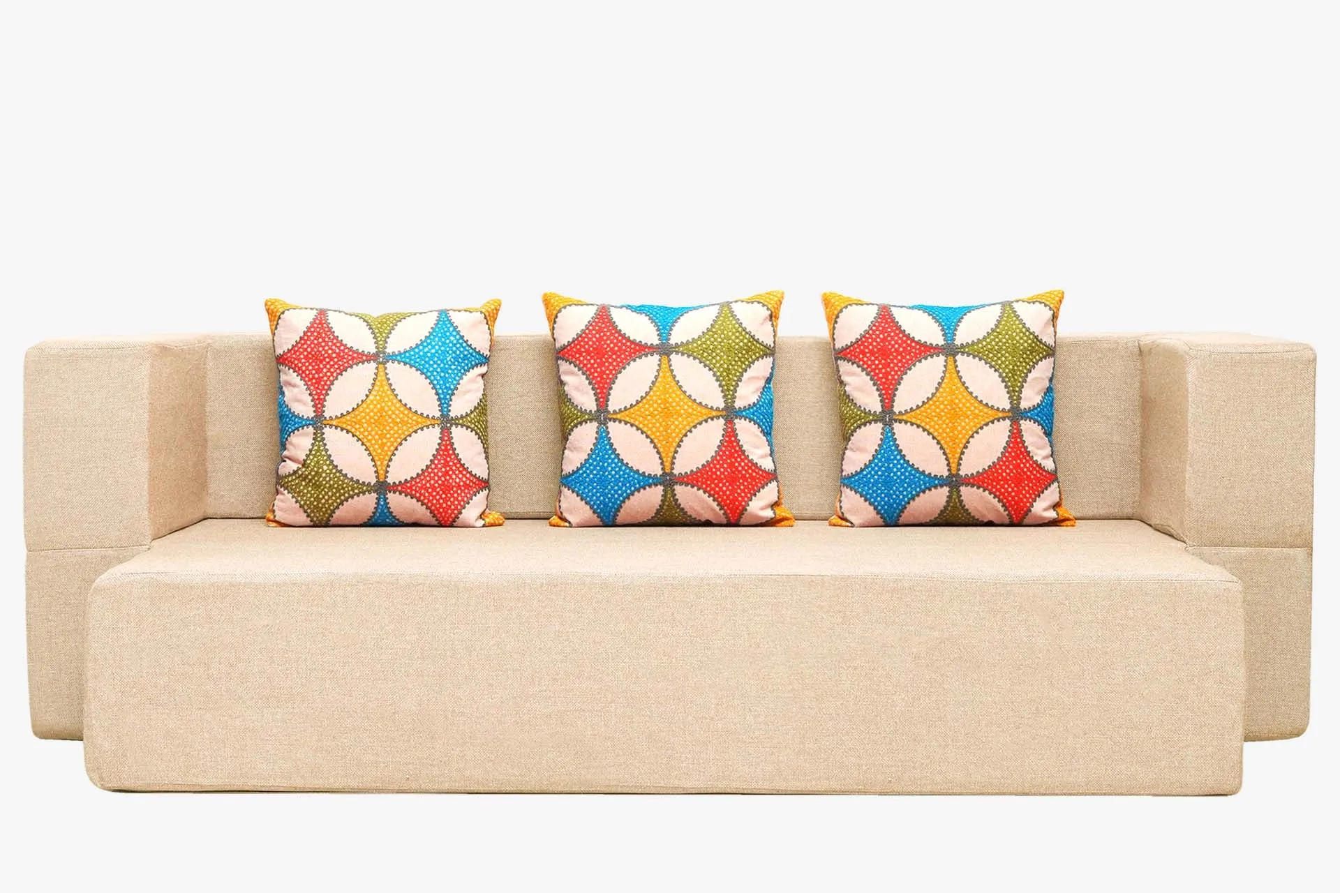Uberlyfe New Age Folding Sofa Bed, Beige | 3 Seater | 3 Cushions- Jharoka Pattern