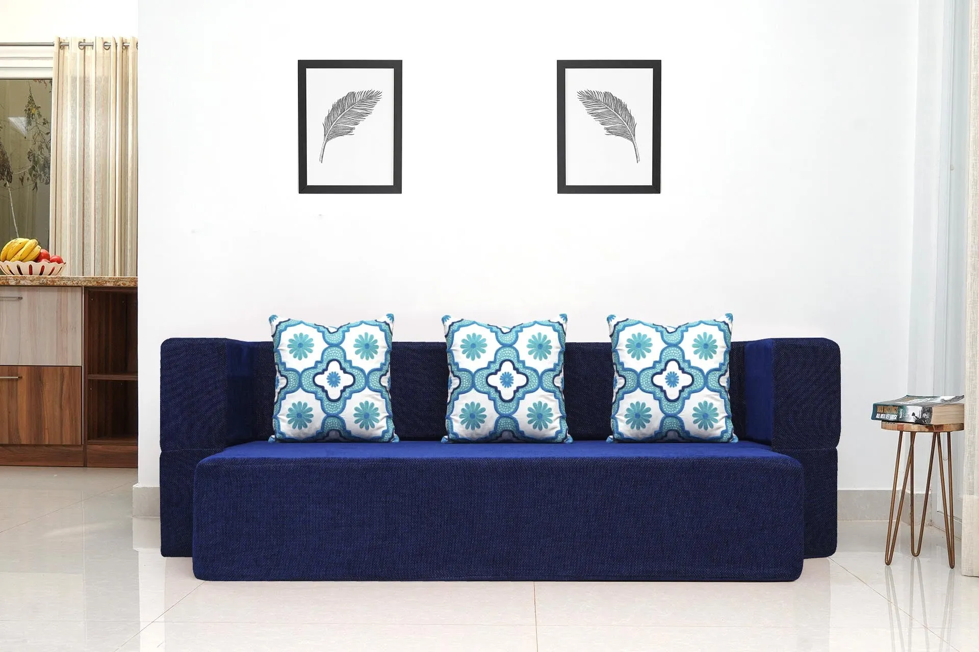 Uberlyfe New Age Folding Sofa Bed, Dotted Blue | 3 Seater | 3 Blue Quartet Cushion