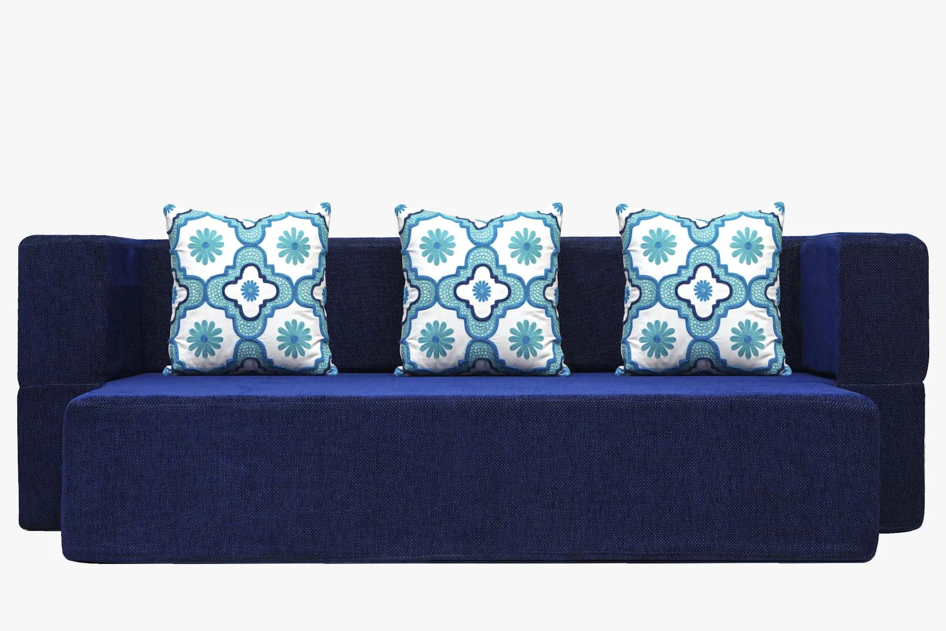 Uberlyfe New Age Folding Sofa Bed, Dotted Blue | 3 Seater | 3 Blue Quartet Cushion