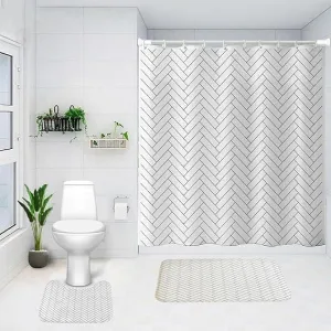 Urbane Home Shower Curtain & Bathmat Set | Non-Slip Bath mats for Bathroom | Easy-Slide Curtains | Polyester Curtain or Bathmat for Bath Décor | YX0136-3T | 3 Pcs Set | Multicolor