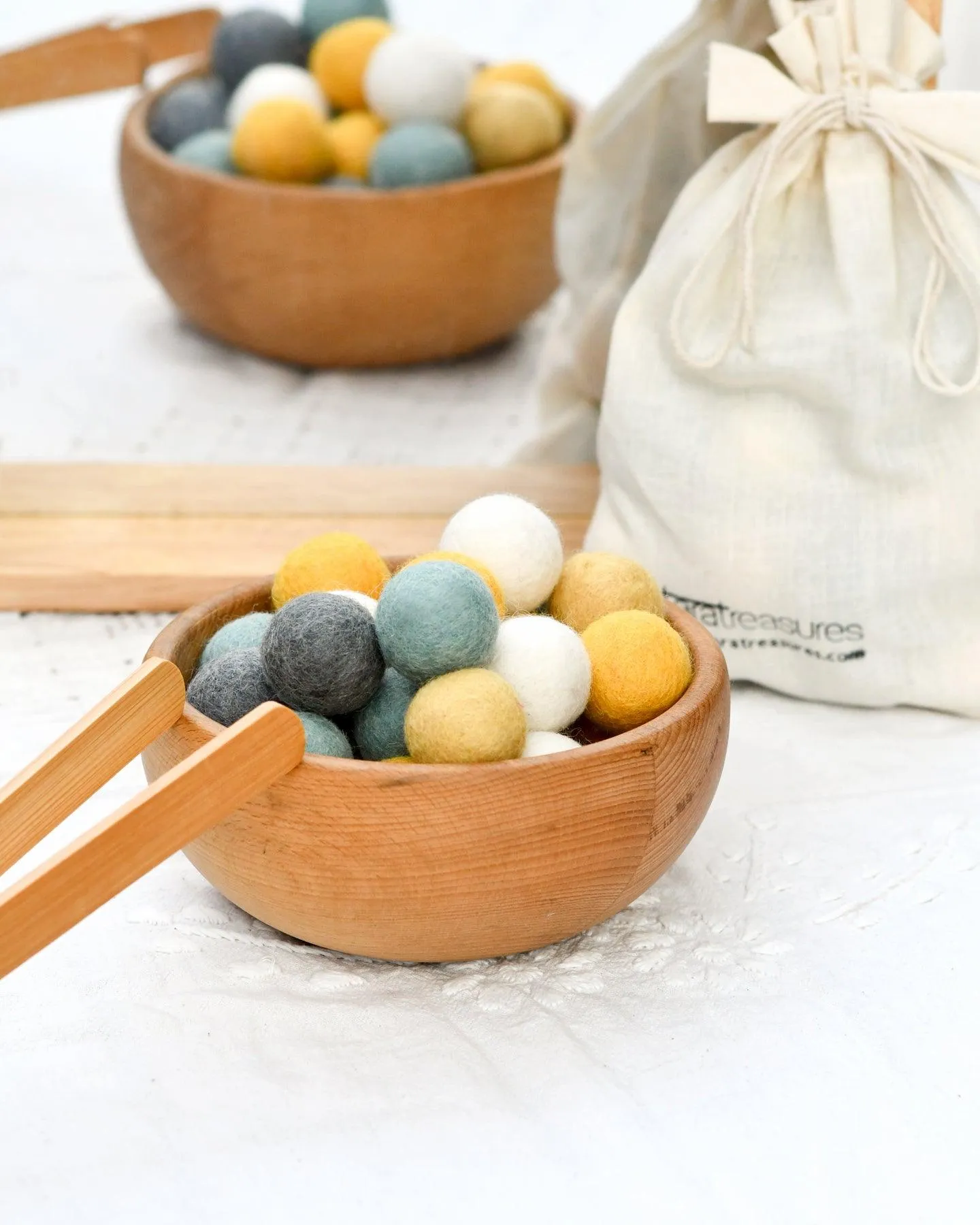 Wool Felt Balls in a Pouch - Yellow and Grey Tones 3cm 30 balls