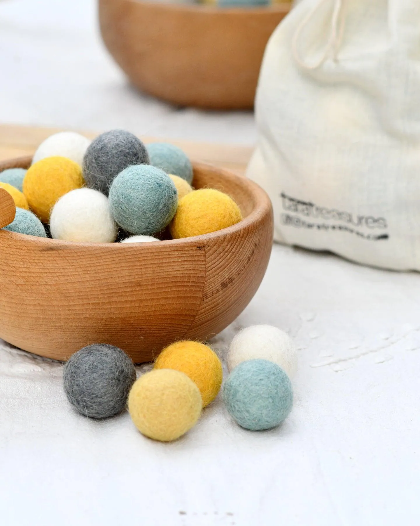 Wool Felt Balls in a Pouch - Yellow and Grey Tones 3cm 30 balls